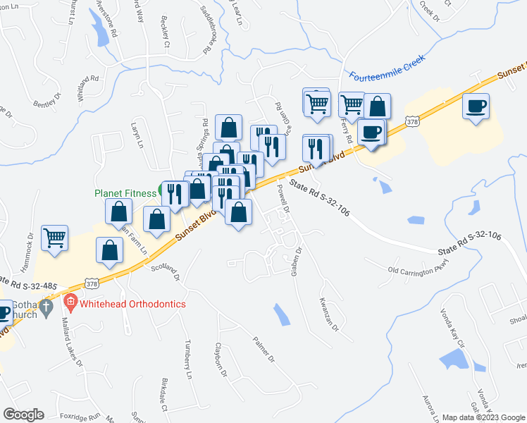 map of restaurants, bars, coffee shops, grocery stores, and more near 109 Claystone Drive in Lexington