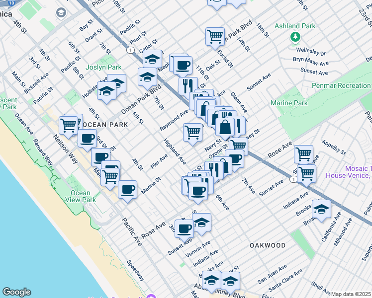 map of restaurants, bars, coffee shops, grocery stores, and more near 647 Marine Street in Santa Monica