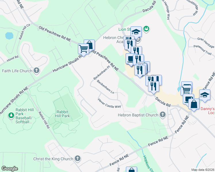 map of restaurants, bars, coffee shops, grocery stores, and more near 291 Beckenham Lane in Dacula