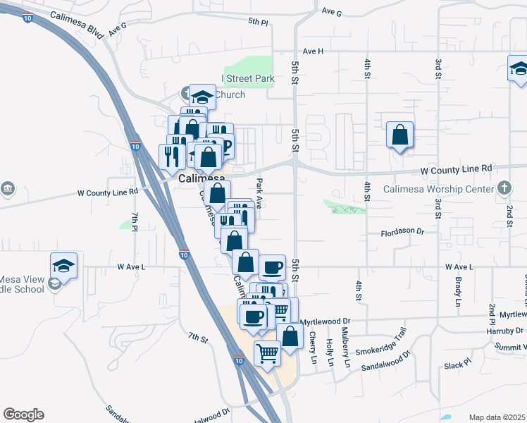 map of restaurants, bars, coffee shops, grocery stores, and more near 951 Park Avenue in Calimesa