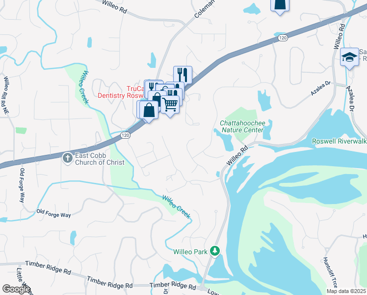map of restaurants, bars, coffee shops, grocery stores, and more near 4030 Inverness Crossing in Roswell