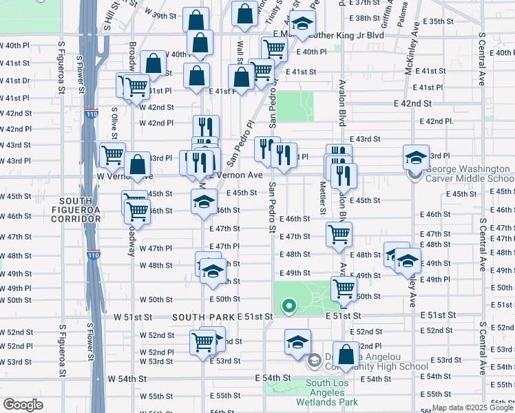 map of restaurants, bars, coffee shops, grocery stores, and more near 251 East 46th Street in Los Angeles