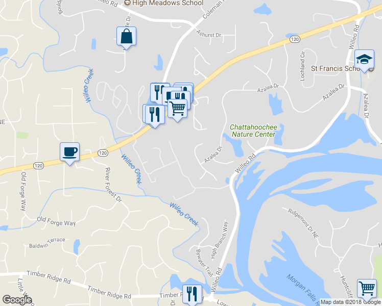 map of restaurants, bars, coffee shops, grocery stores, and more near 4030 Inverness Crossing in Roswell