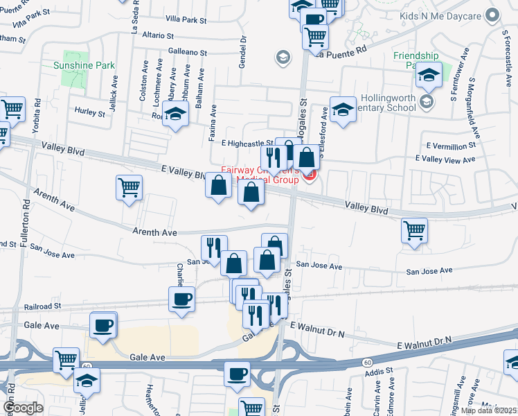 map of restaurants, bars, coffee shops, grocery stores, and more near 18971 Arenth Avenue in City of Industry