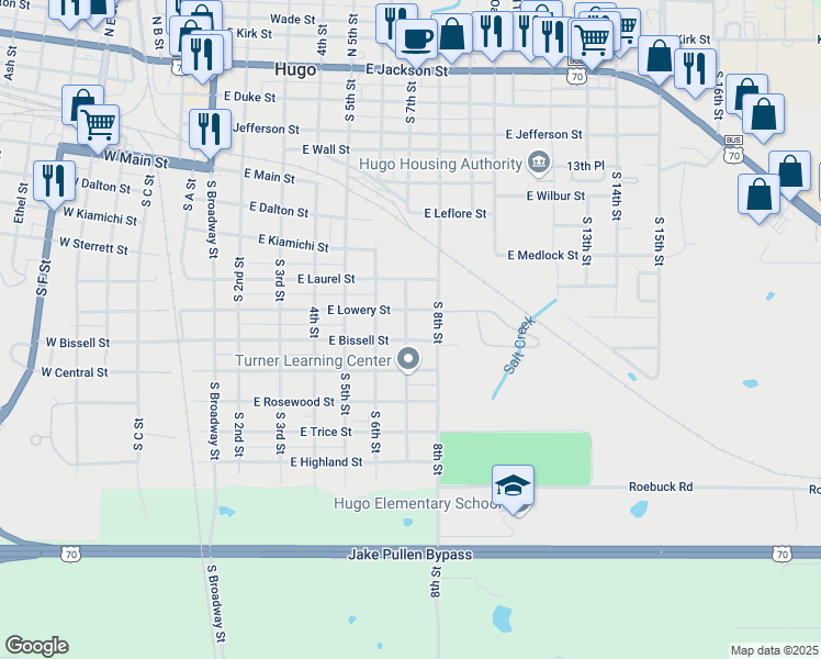 map of restaurants, bars, coffee shops, grocery stores, and more near 703 East Bissell Street in Hugo