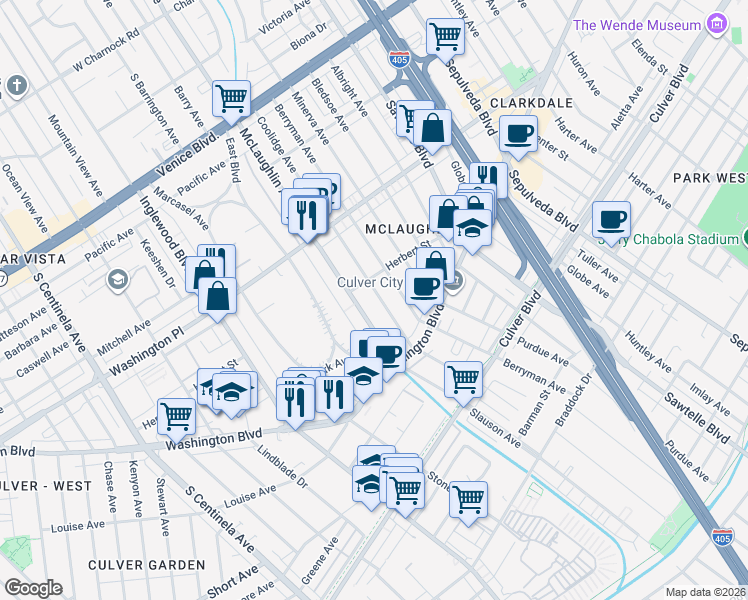 map of restaurants, bars, coffee shops, grocery stores, and more near 4127 Coolidge Avenue in Los Angeles