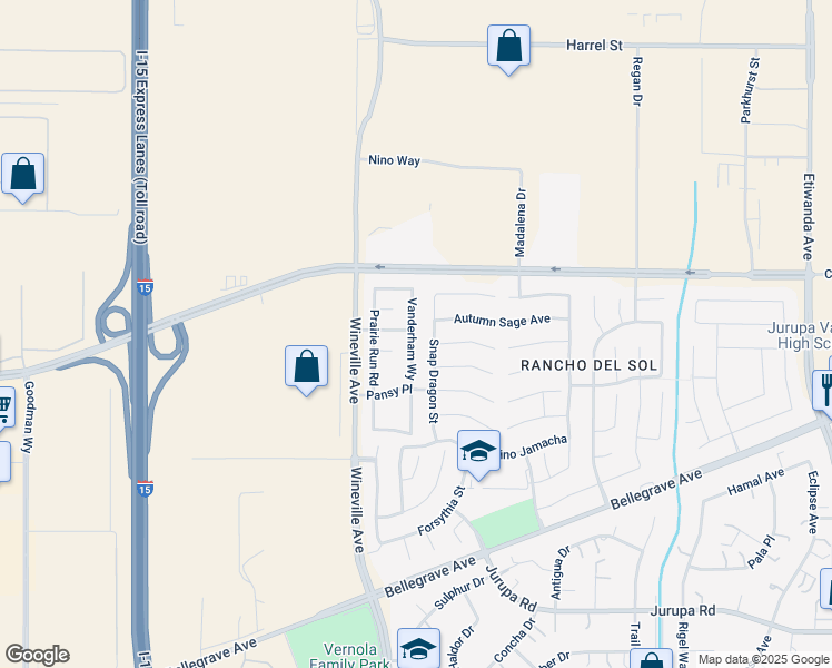 map of restaurants, bars, coffee shops, grocery stores, and more near 4783 Vanderham Way in Jurupa Valley