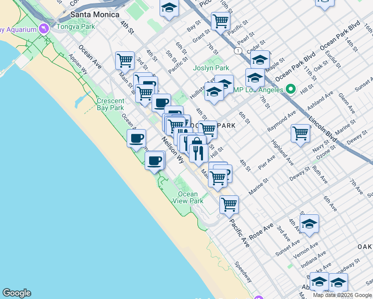 map of restaurants, bars, coffee shops, grocery stores, and more near 235 Hill Street in Santa Monica