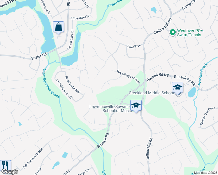 map of restaurants, bars, coffee shops, grocery stores, and more near 1800 Chantilly Court in Lawrenceville
