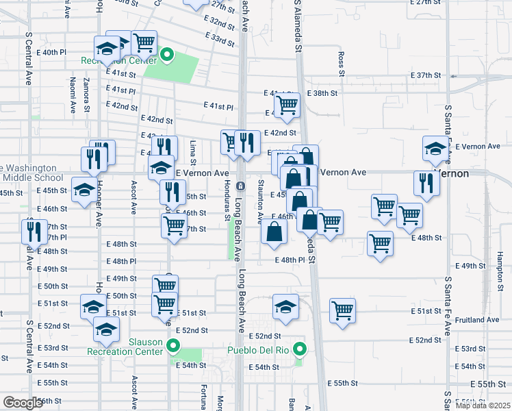 map of restaurants, bars, coffee shops, grocery stores, and more near 4517 Staunton Avenue in Vernon