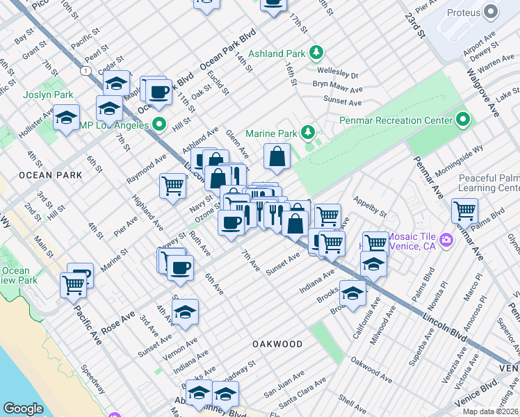 map of restaurants, bars, coffee shops, grocery stores, and more near 809 Warren Avenue in Los Angeles