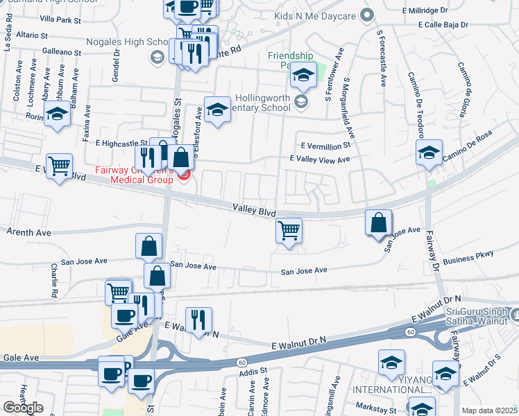 map of restaurants, bars, coffee shops, grocery stores, and more near 2867 Valley Boulevard in West Covina