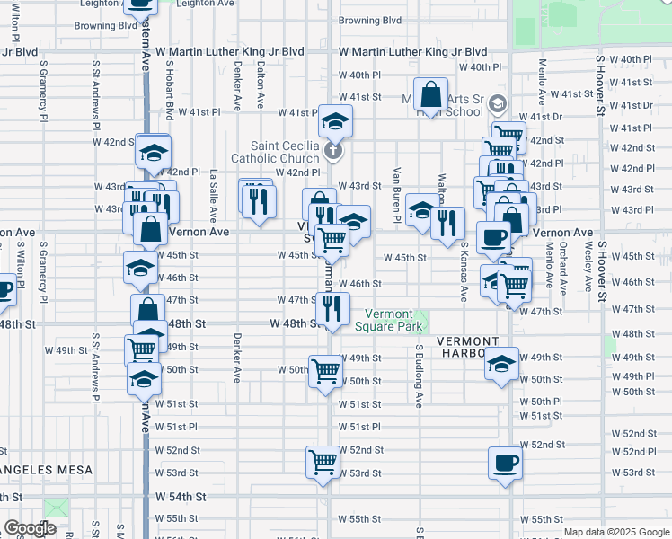 map of restaurants, bars, coffee shops, grocery stores, and more near 4527 Normandie Avenue in Los Angeles