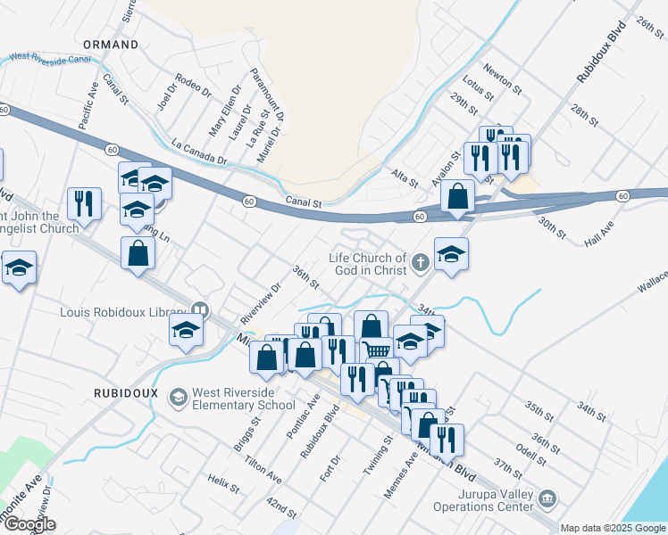 map of restaurants, bars, coffee shops, grocery stores, and more near 3476 Smith Street in Jurupa Valley
