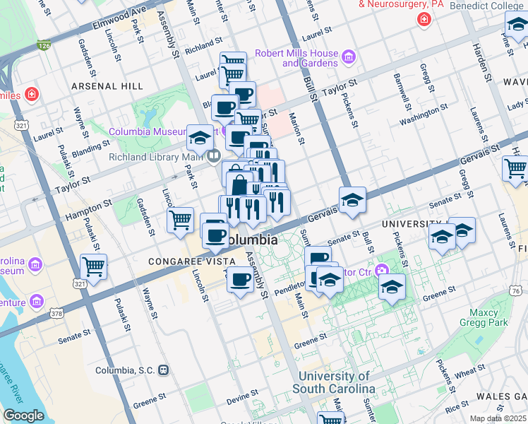 map of restaurants, bars, coffee shops, grocery stores, and more near 1221 Main Street in Columbia