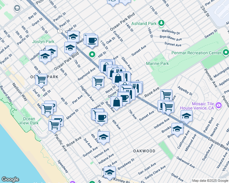 map of restaurants, bars, coffee shops, grocery stores, and more near 751 Ozone Street in Santa Monica