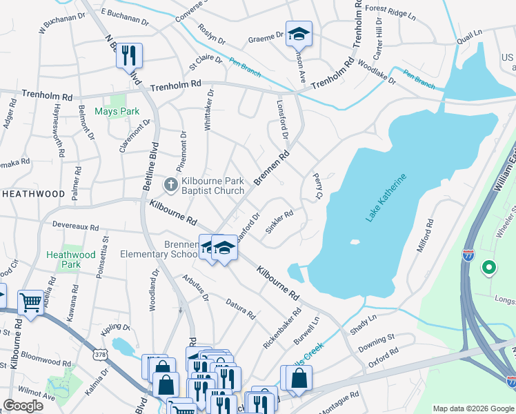 map of restaurants, bars, coffee shops, grocery stores, and more near 1325 Sanford Drive in Columbia