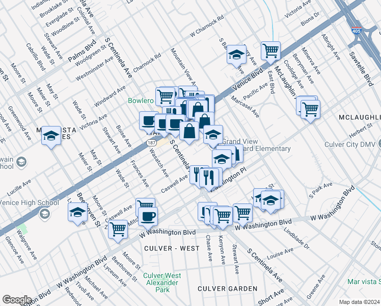 map of restaurants, bars, coffee shops, grocery stores, and more near 3868 South Centinela Avenue in Los Angeles