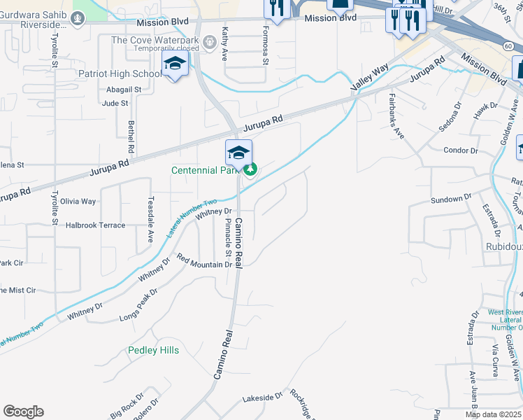 map of restaurants, bars, coffee shops, grocery stores, and more near 4761 Eagle Ridge Court in Riverside