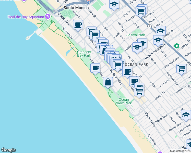 map of restaurants, bars, coffee shops, grocery stores, and more near 2400 Ocean Front Walk in Santa Monica