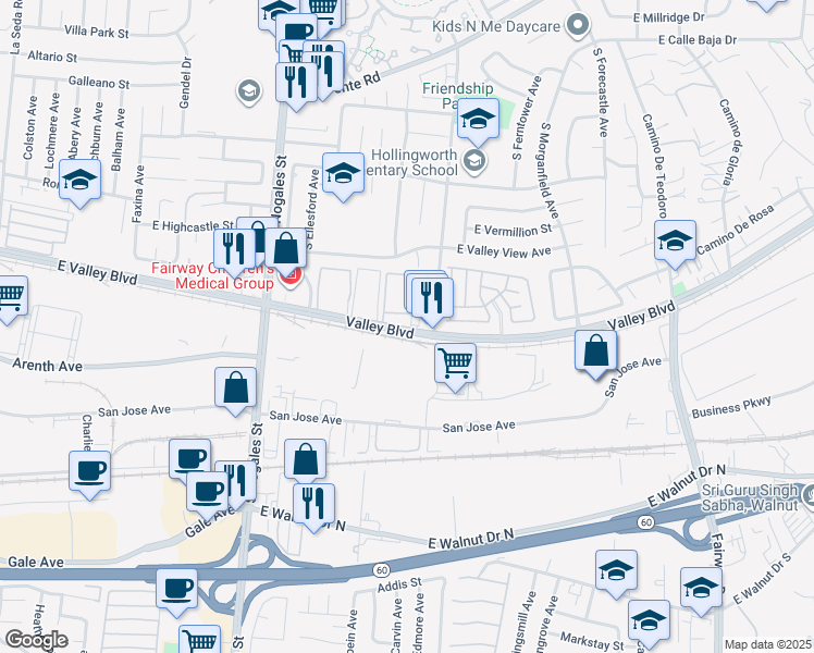 map of restaurants, bars, coffee shops, grocery stores, and more near 2863 Valley Boulevard in West Covina