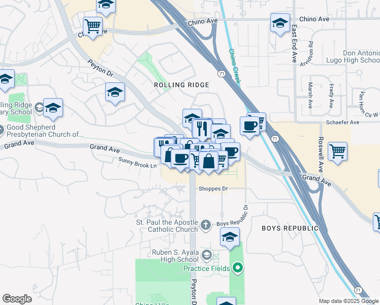 map of restaurants, bars, coffee shops, grocery stores, and more near Peyton Dr & Grand Ave in Chino Hills