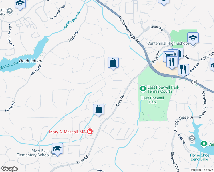 map of restaurants, bars, coffee shops, grocery stores, and more near 9150 Branch Valley Way in Roswell