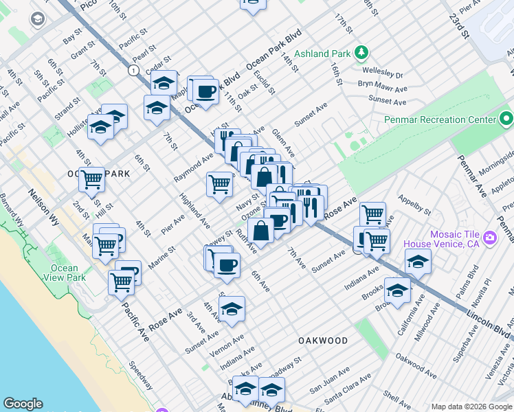 map of restaurants, bars, coffee shops, grocery stores, and more near 751 Ozone Street in Santa Monica