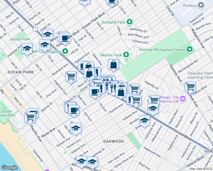 map of restaurants, bars, coffee shops, grocery stores, and more near 809 Warren Avenue in Los Angeles