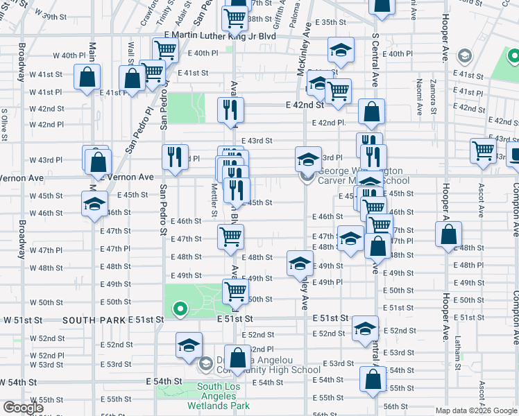 map of restaurants, bars, coffee shops, grocery stores, and more near 725 East 46th Street in Los Angeles