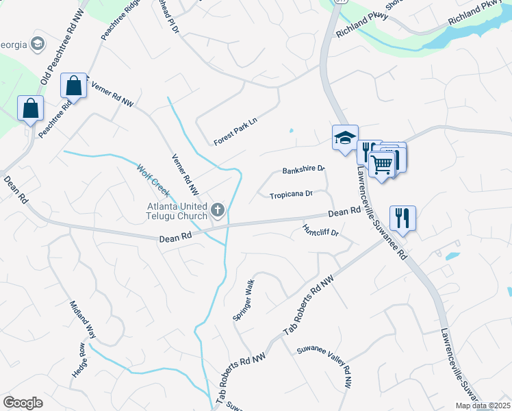 map of restaurants, bars, coffee shops, grocery stores, and more near 798 Bankshire Drive in Suwanee
