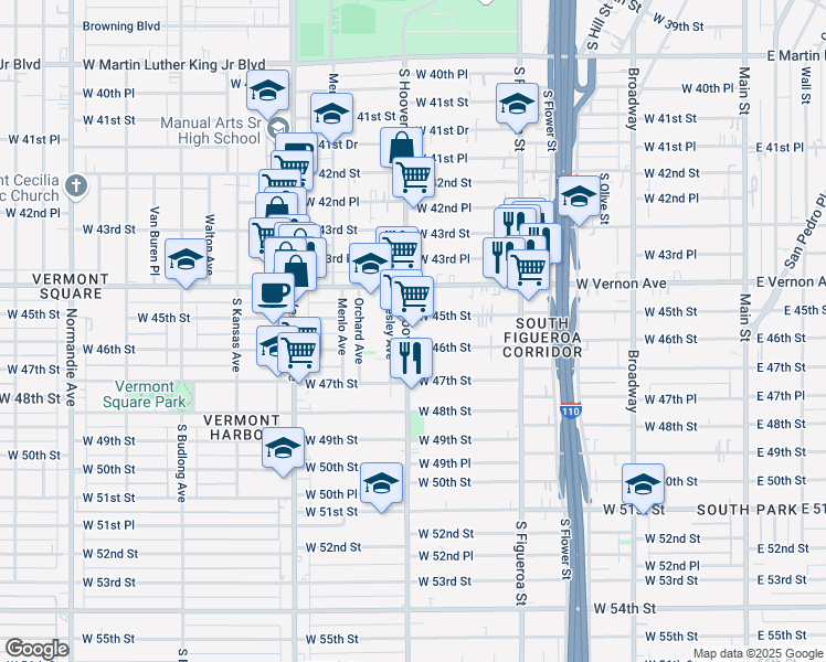 map of restaurants, bars, coffee shops, grocery stores, and more near 4506 South Hoover Street in Los Angeles