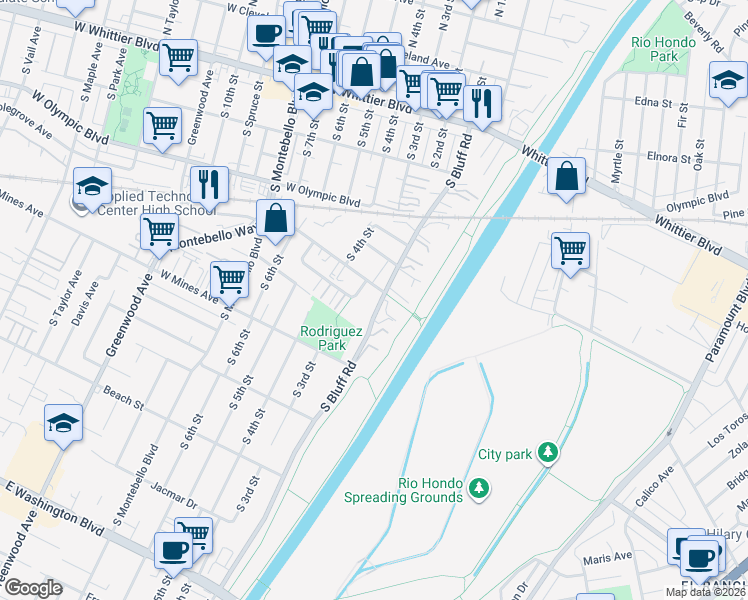 map of restaurants, bars, coffee shops, grocery stores, and more near 420 South 3rd Street in Montebello