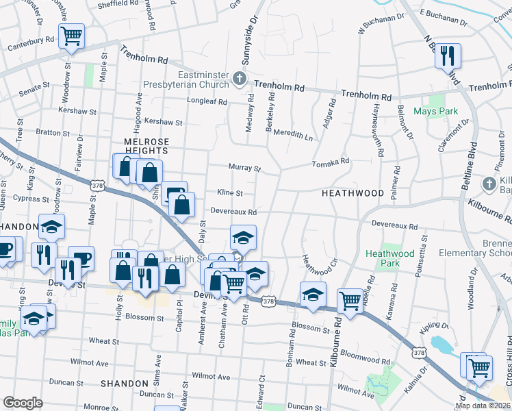 map of restaurants, bars, coffee shops, grocery stores, and more near 3333 Devereaux Road in Columbia