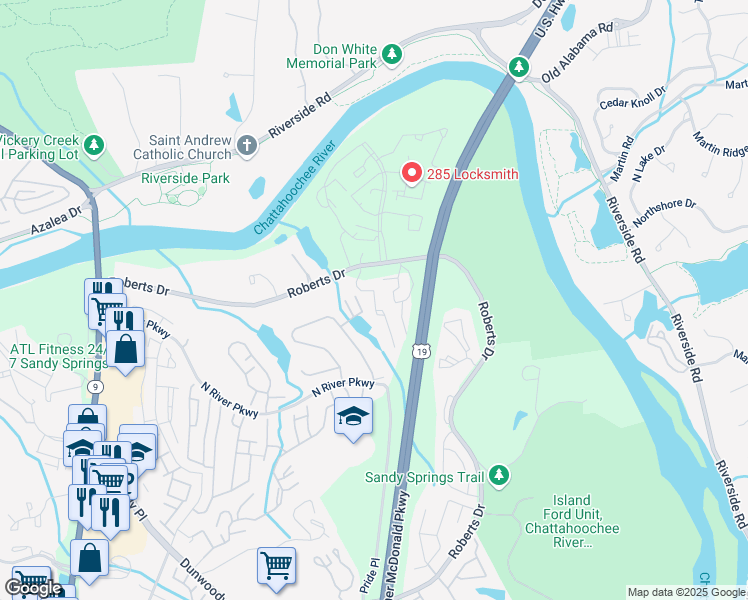map of restaurants, bars, coffee shops, grocery stores, and more near 810 River Run Drive in Atlanta
