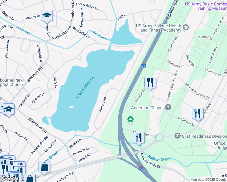 map of restaurants, bars, coffee shops, grocery stores, and more near 1610 Milford Road in Columbia