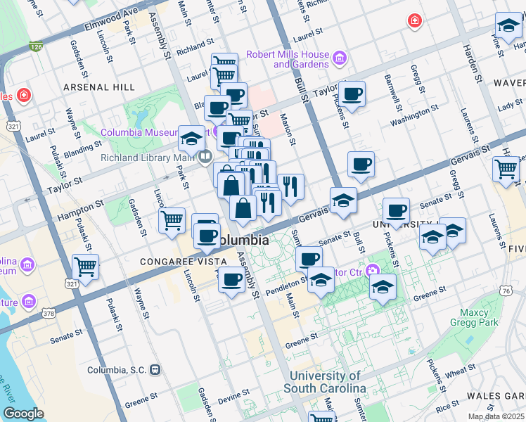 map of restaurants, bars, coffee shops, grocery stores, and more near 1210 Main Street in Columbia