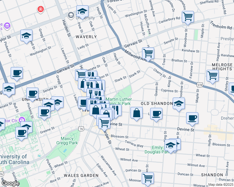 map of restaurants, bars, coffee shops, grocery stores, and more near 2300 Greene Street in Columbia