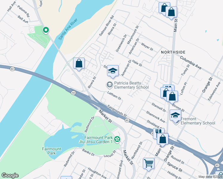 map of restaurants, bars, coffee shops, grocery stores, and more near 4261 Latham Street in Riverside