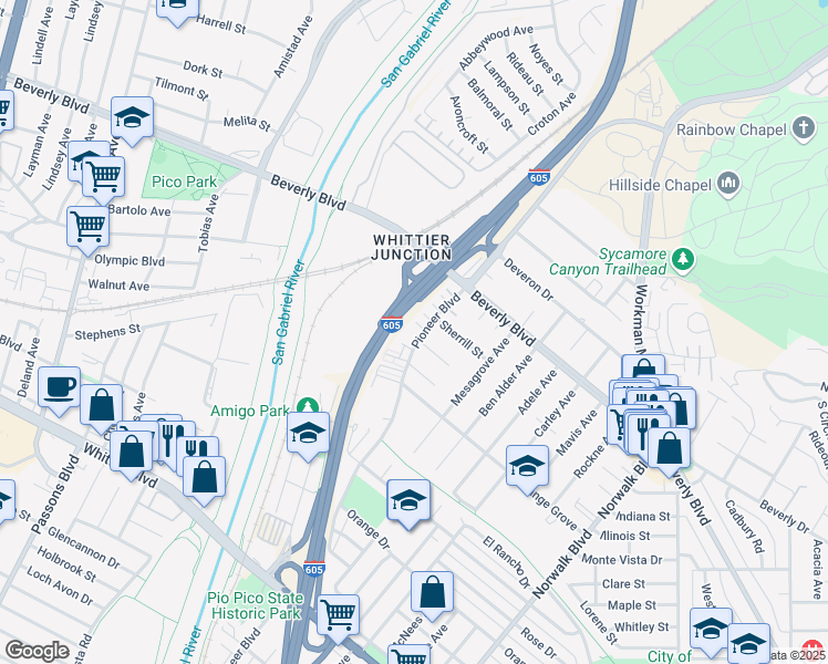 map of restaurants, bars, coffee shops, grocery stores, and more near 5503 Pioneer Boulevard in Whittier