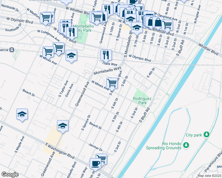 map of restaurants, bars, coffee shops, grocery stores, and more near 805 West mines Avenue in Montebello