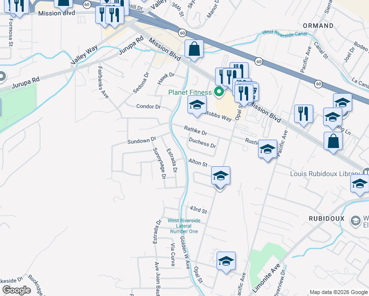 map of restaurants, bars, coffee shops, grocery stores, and more near 4111 Golden West Avenue in Riverside