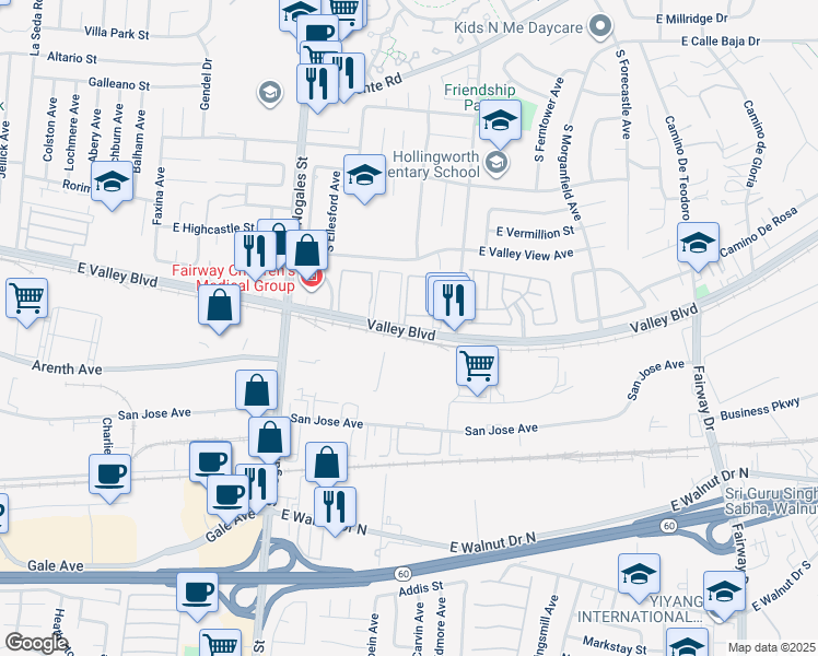 map of restaurants, bars, coffee shops, grocery stores, and more near 2817 Valley Boulevard in West Covina