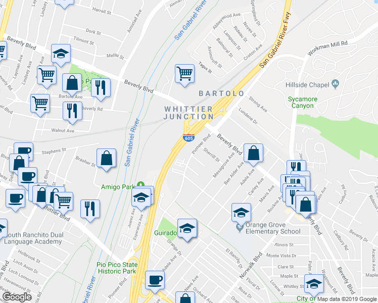 map of restaurants, bars, coffee shops, grocery stores, and more near 5509 Pioneer Boulevard in Whittier
