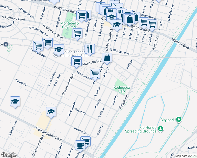 map of restaurants, bars, coffee shops, grocery stores, and more near 555 South 6th Street in Montebello