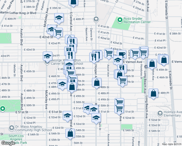 map of restaurants, bars, coffee shops, grocery stores, and more near 1272 East 46th Street in Los Angeles