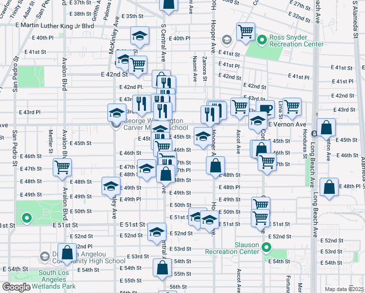map of restaurants, bars, coffee shops, grocery stores, and more near 1128 East 46th Street in Los Angeles