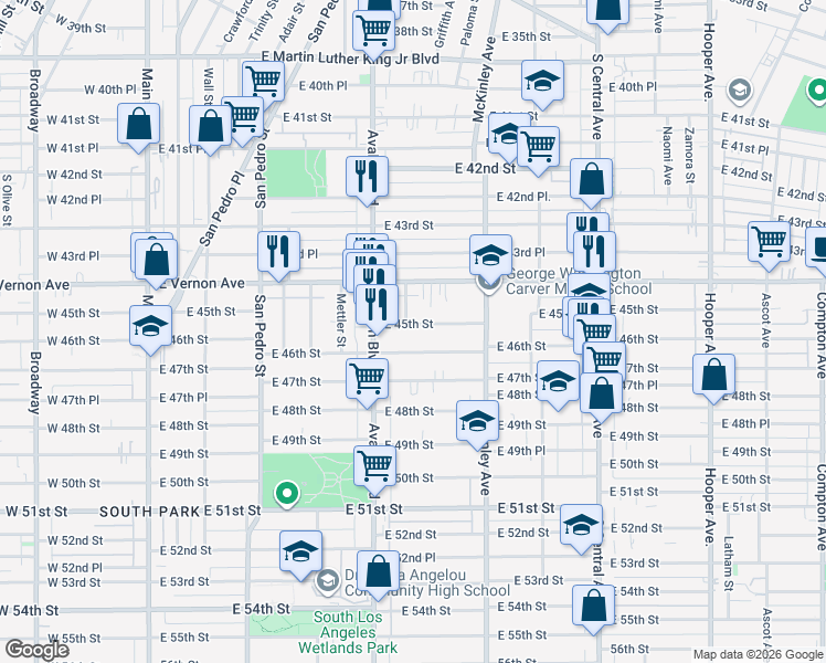map of restaurants, bars, coffee shops, grocery stores, and more near 725 East 46th Street in Los Angeles