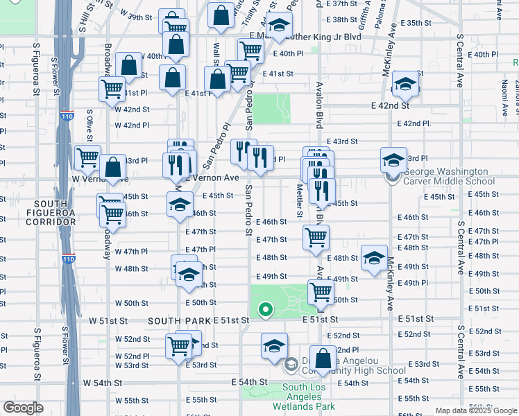 map of restaurants, bars, coffee shops, grocery stores, and more near 4461 Crocker Street in Los Angeles