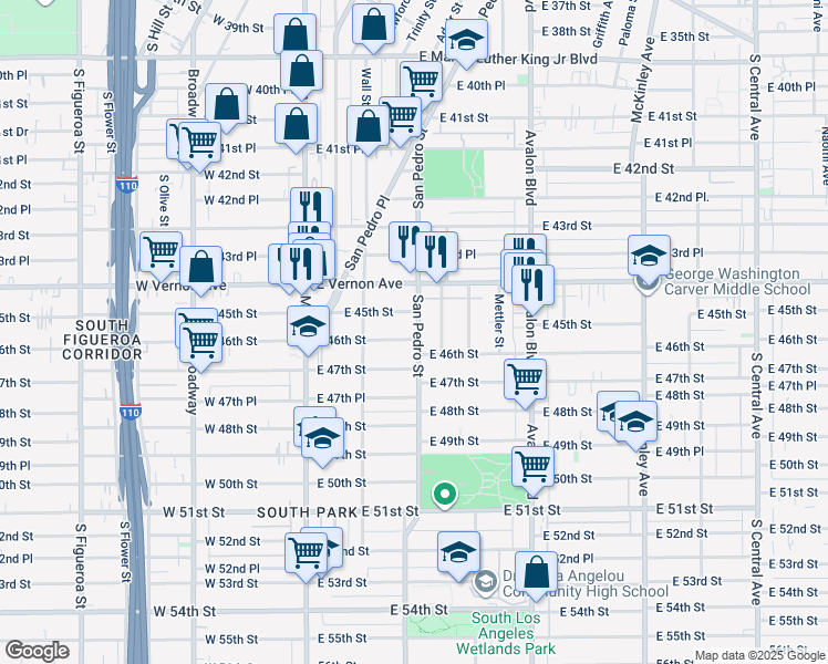 map of restaurants, bars, coffee shops, grocery stores, and more near 251 East 46th Street in Los Angeles